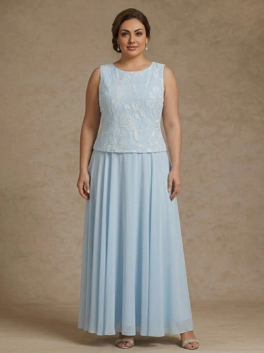 A-Line Scoop Sleeveless Lace Back Zipper Chiffon Maxi Two Piece Plus Size Mother Of Bride Dress