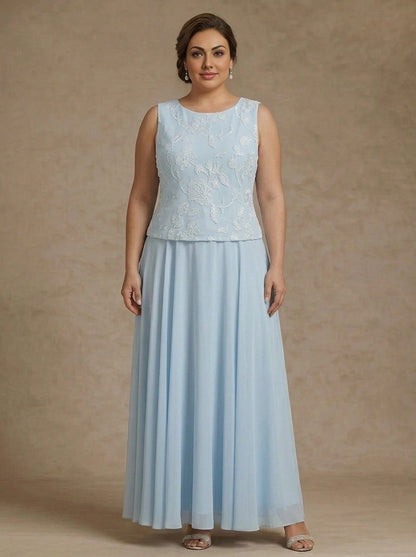 A-Line Scoop Sleeveless Lace Back Zipper Chiffon Maxi Two Piece Plus Size Mother Of Bride Dress