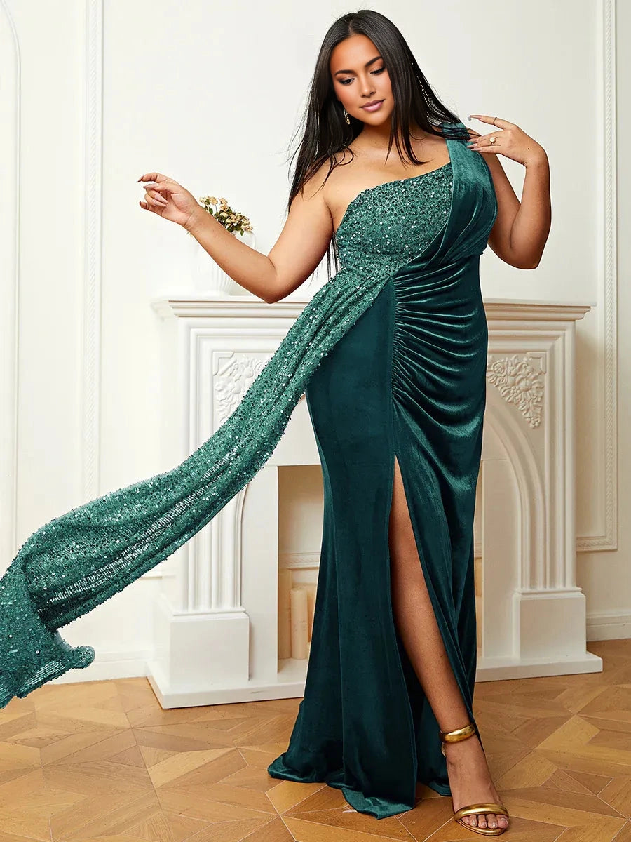 Luxurious Mermaid One‑Shoulder Sleeveless Open‑Back Floor‑Length Plus Size Prom Dress