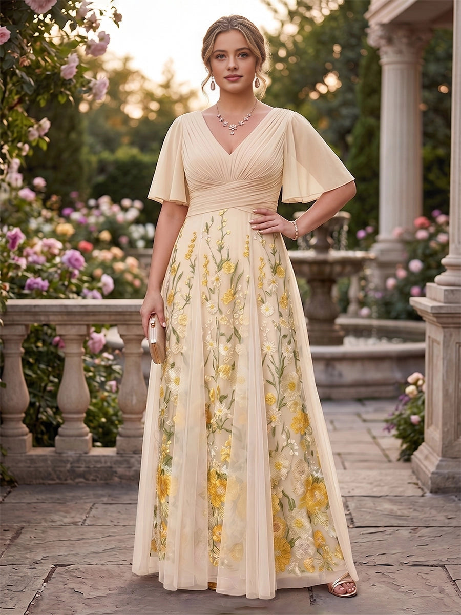 Dreamy Plus Size A-Line V-Neck Flutter-Sleeve V-Back Floor-Length Mother Of Bride Dress