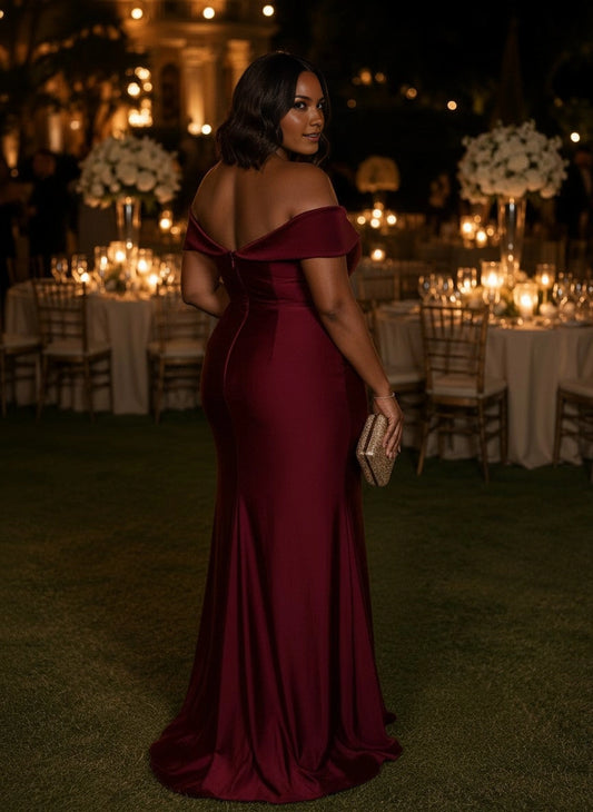 Roselledress wine red satin mermaid formal dress back view, open back zipper plus size evening gown with sweep train