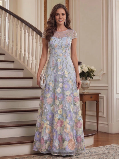 Roselledress light blue plus size round neck 3D floral tulle mother dress short sleeve floor length garden formal gown