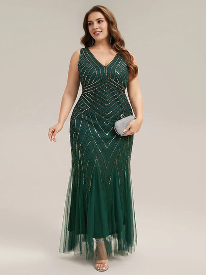 Roselledress Dusty Blue Mermaid V Neck Sleeveless Deep V Back Floor Length Plus Size Wedding Guest Dress