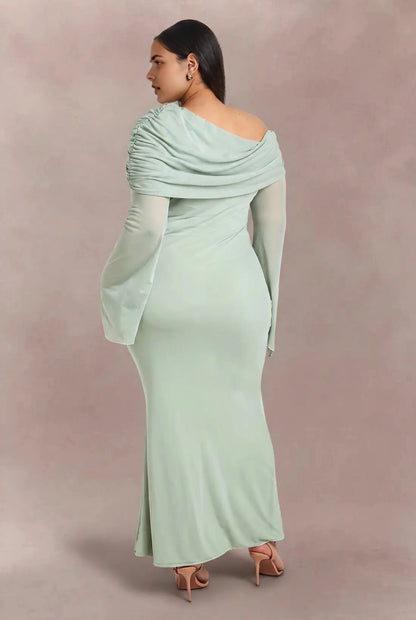 Roselledress plus size sage green mesh long sleeve wedding guest gown back view