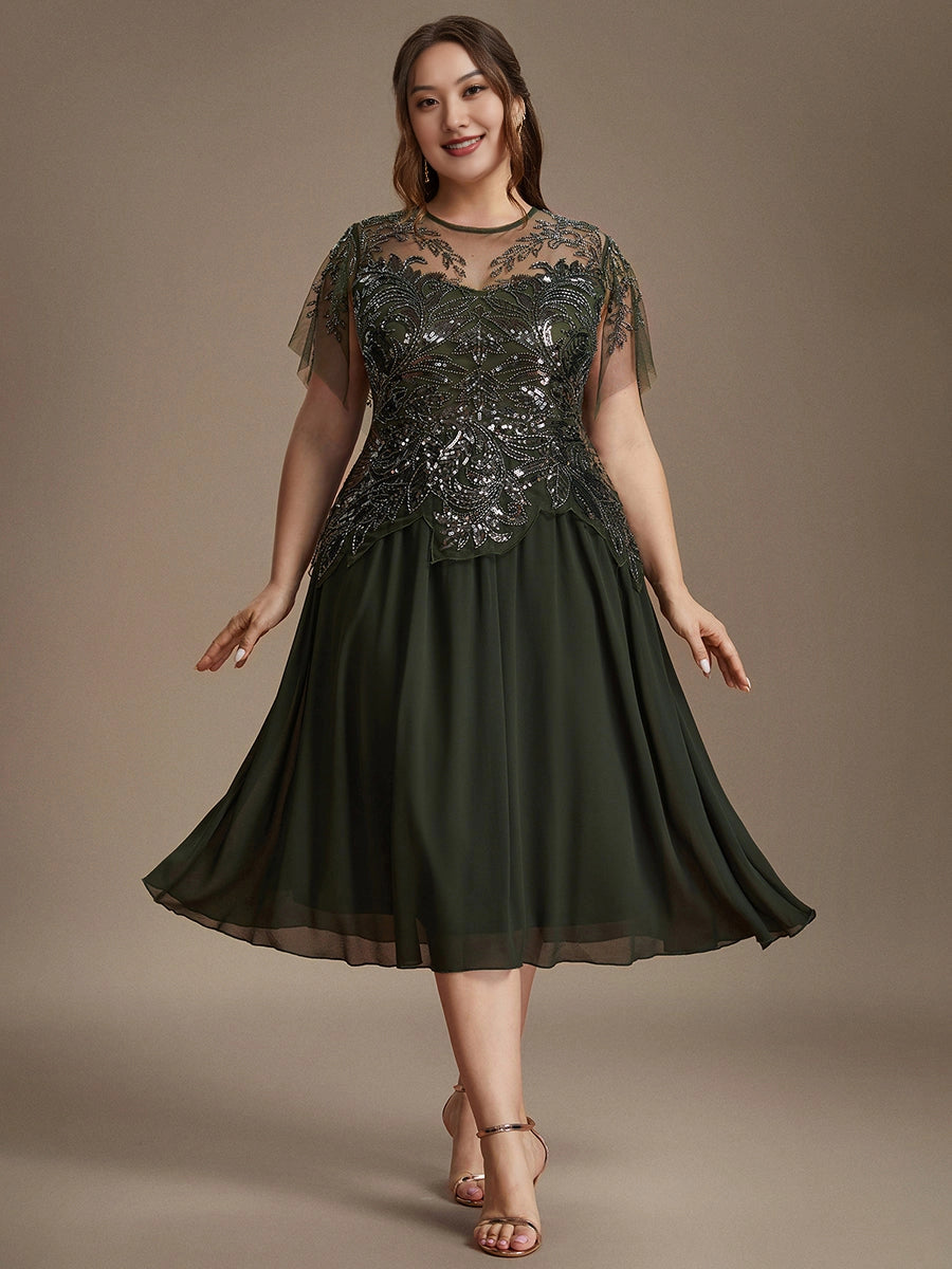 A-Line Illusion Neck Flutter Sleeve Back Zipper Midi Length Plus Size Sequin Chiffon Mother Of Bride Dress