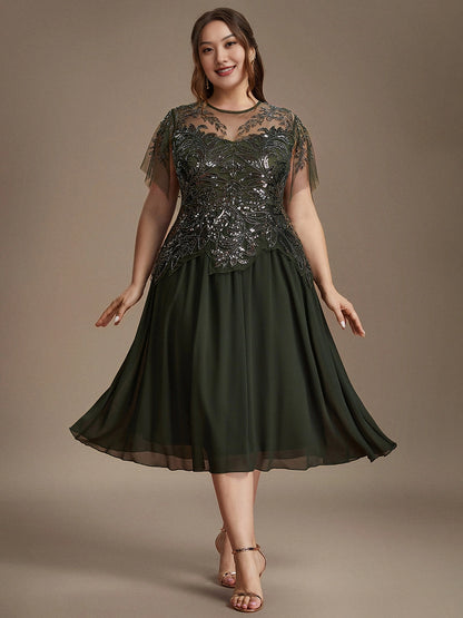 A-Line Illusion Neck Flutter Sleeve Back Zipper Midi Length Plus Size Sequin Chiffon Mother Of Bride Dress