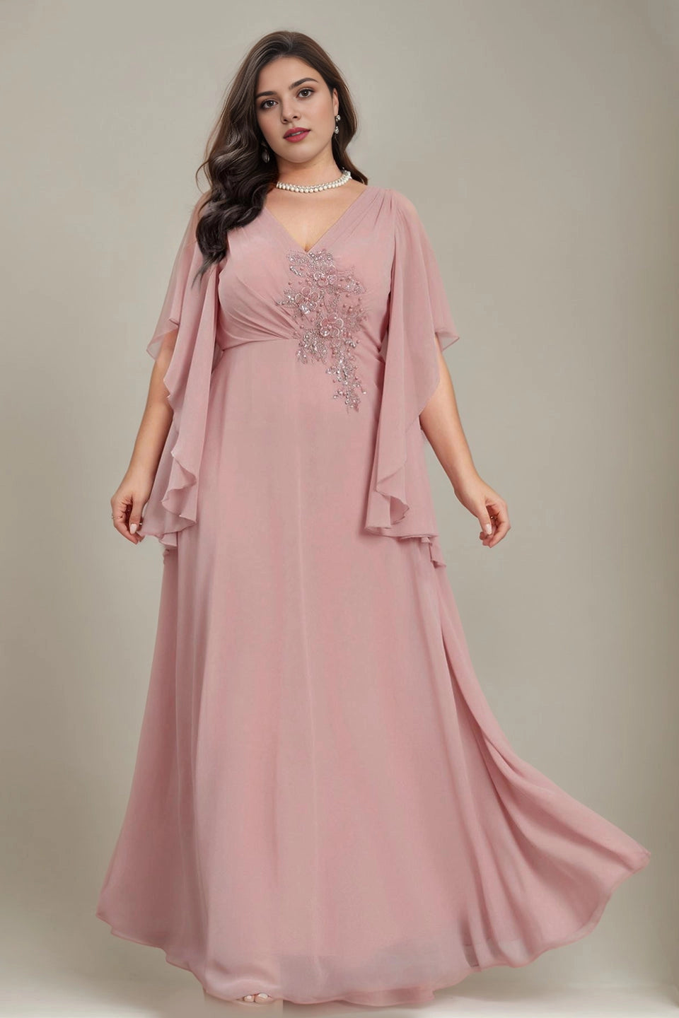 Dark Green Plus Size A‑Line V‑Neck Cape‑Sleeve Cowl‑Back Floor‑Length Prom Dress