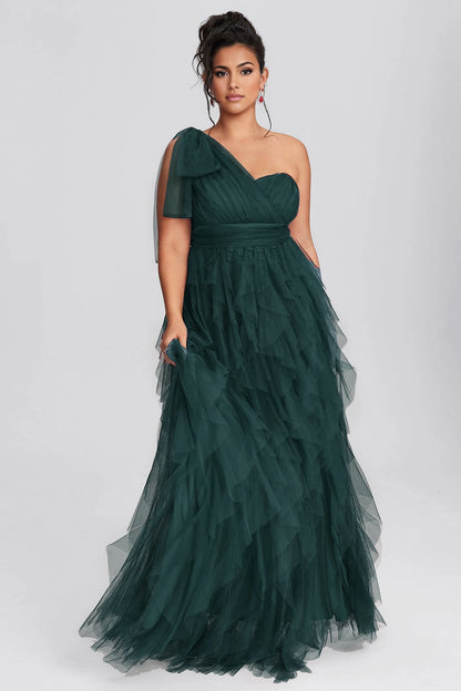 Vedress forest green plus size one shoulder long prom dress ruffle tulle a-line evening gown with pockets