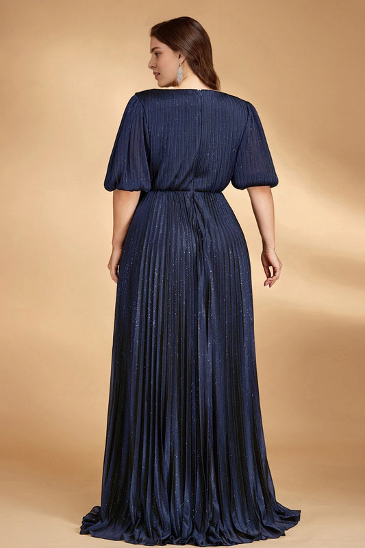 Roselledress plus size navy formal dress zipper back pleated long prom dress rear view