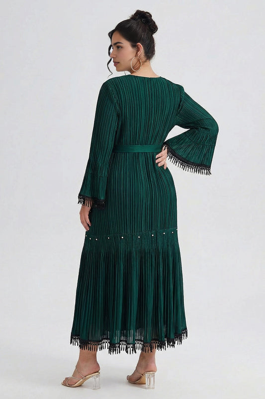 roselledress plus size dark green pleated long dress solid closed back tassel hem casual formal midi maxi gown
