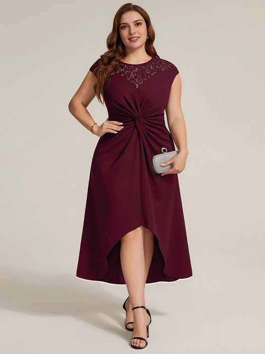 Roselledress burgundy lace yoke cap sleeve twist waist high low plus size wedding guest midi dress front view