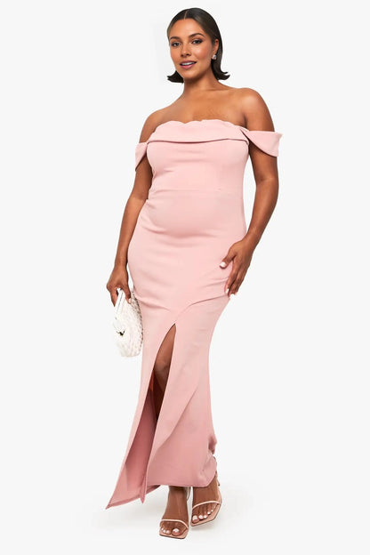 Roselledress Stretch Crepe Off‑The‑Shoulder Mermaid Front‑Slit Floor‑Length Plus Size Wedding Guest Dress