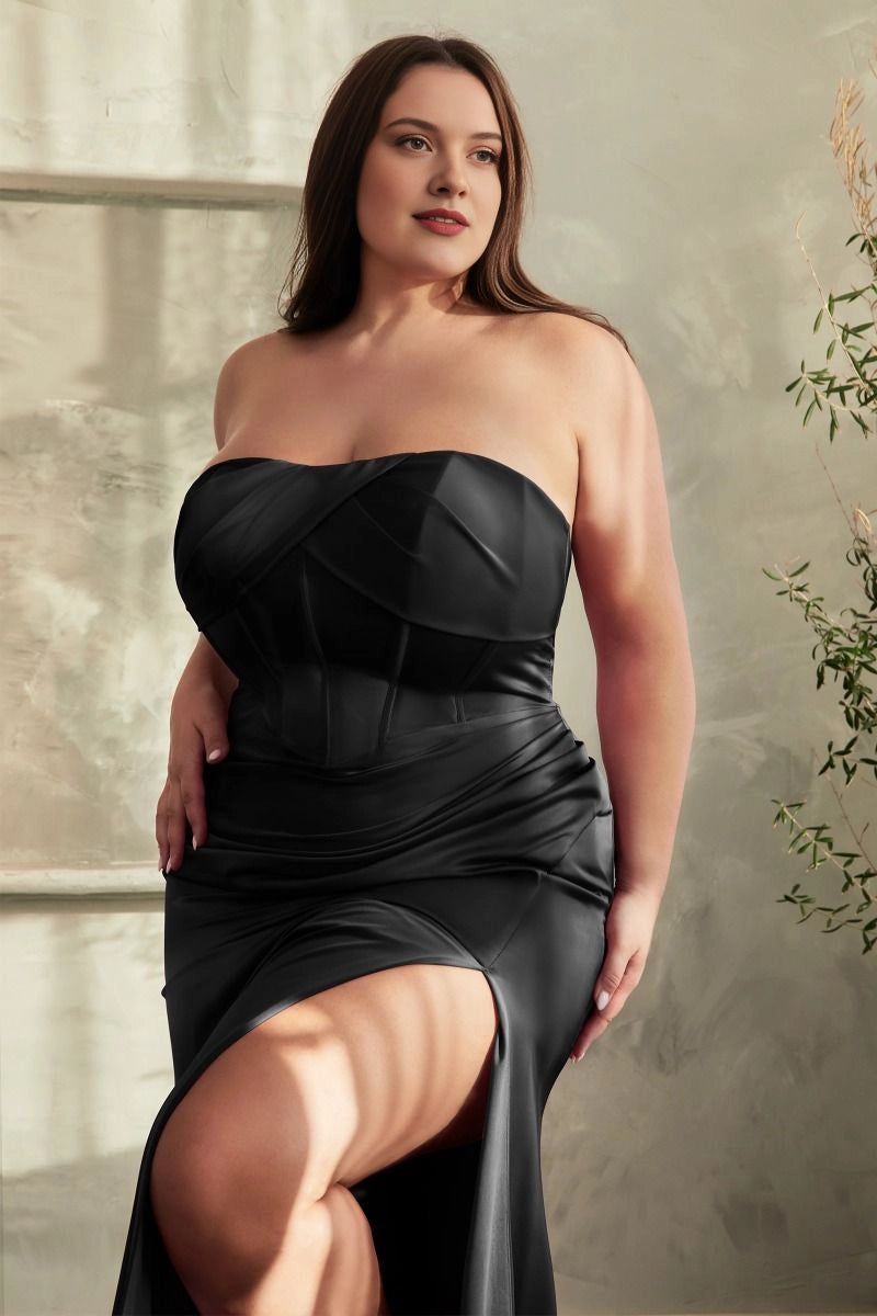 Satin Strapless Corset‑Back Slit Mermaid Maxi Plus Size Prom Dress
