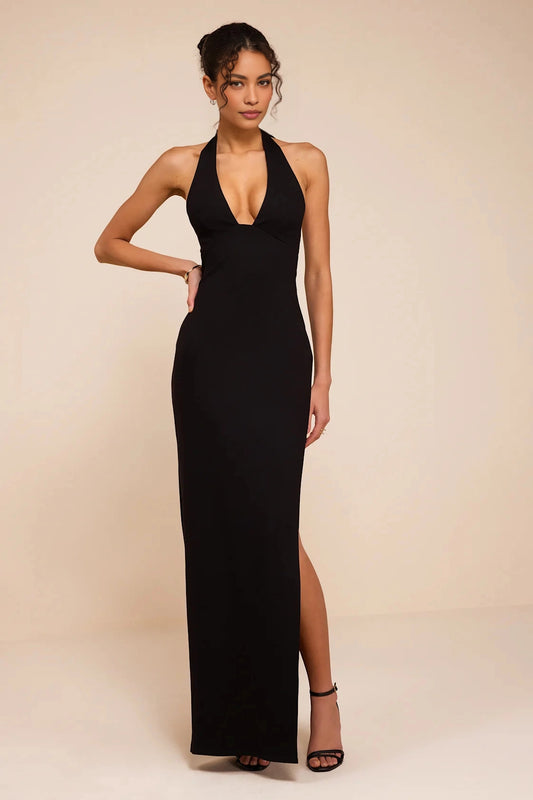 Slim Maxi Halter Tie Back Plain Deep-V Long Prom Dress