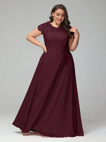 Elegant A‑Line Scalloped Neck Cap Sleeve Keyhole Back Floor Length Plus Size Mother Of The Bride Dress