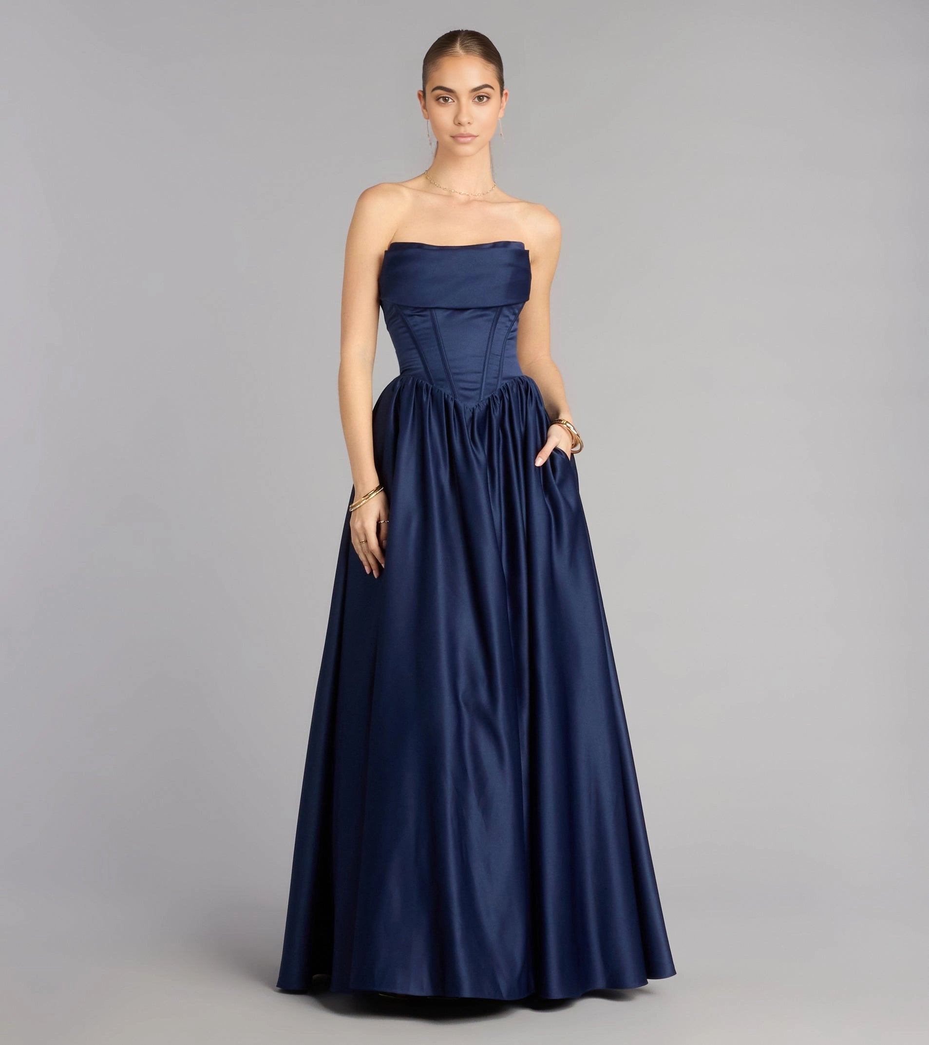 roselledress navy satin strapless corset prom dress folded neck a line gown with pockets