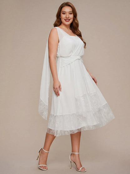 Elegant A-Line V-Neck Sleeveless Wrap Back Lace Hem Midi Plus Size Bridesmaid Dress