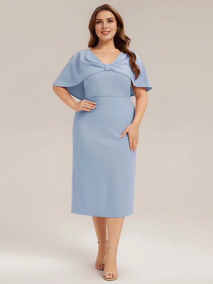 Roselledress Sky Blue Wrap V-Neck Cap Sleeve Seam Back Midi Plus Size Weeding Guest Dress
