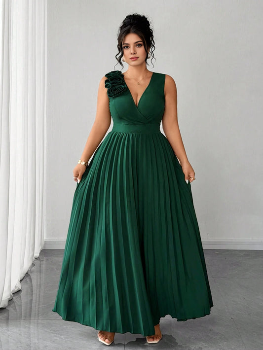 Roselledress plus size emerald green pleated prom dress v neck sleeveless 3d floral shoulder a‑line floor length front view