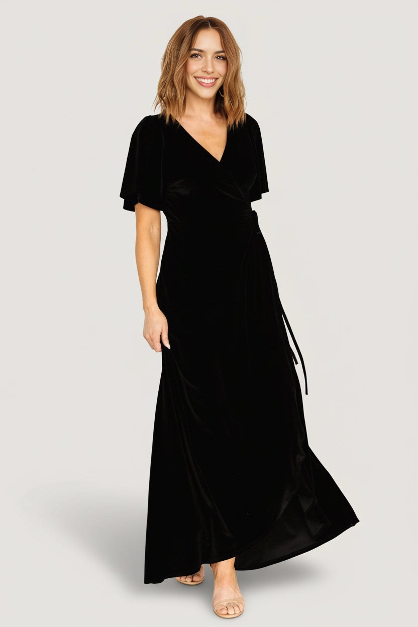 Soft A‑line V‑Neck Flutter Sleeve Closed‑Back Maxi Mother Of Bride Dress
