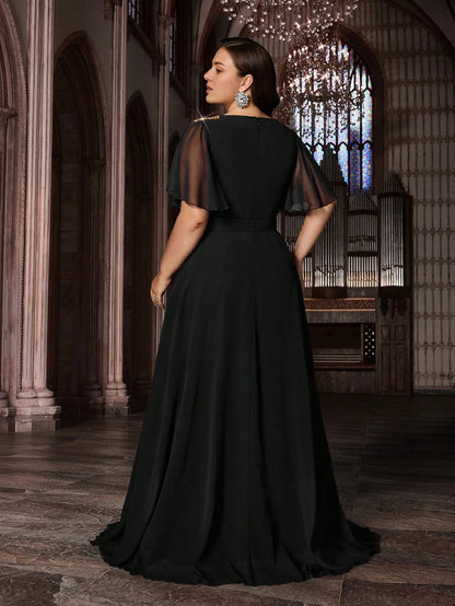 Back view Roselledress black plus size a‑line prom dress solid back zipper floor‑length mother of bride gown