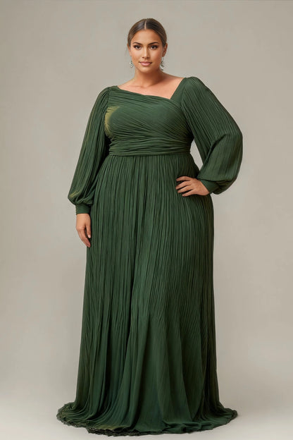 Vedress Peacock plus size asymmetrical long sleeve long prom dress pleated a-line evening gown