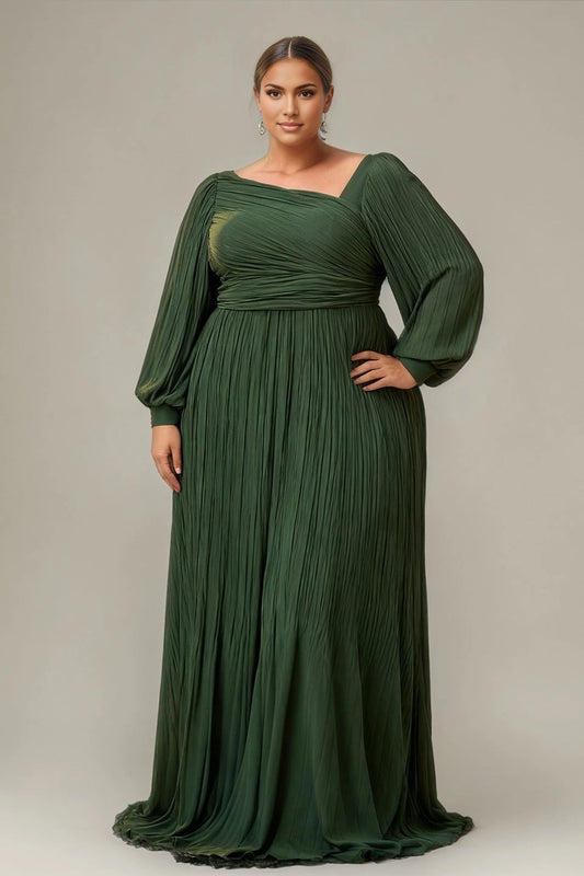Roselledress Peacock plus size asymmetrical long sleeve long prom dress pleated a-line evening gown