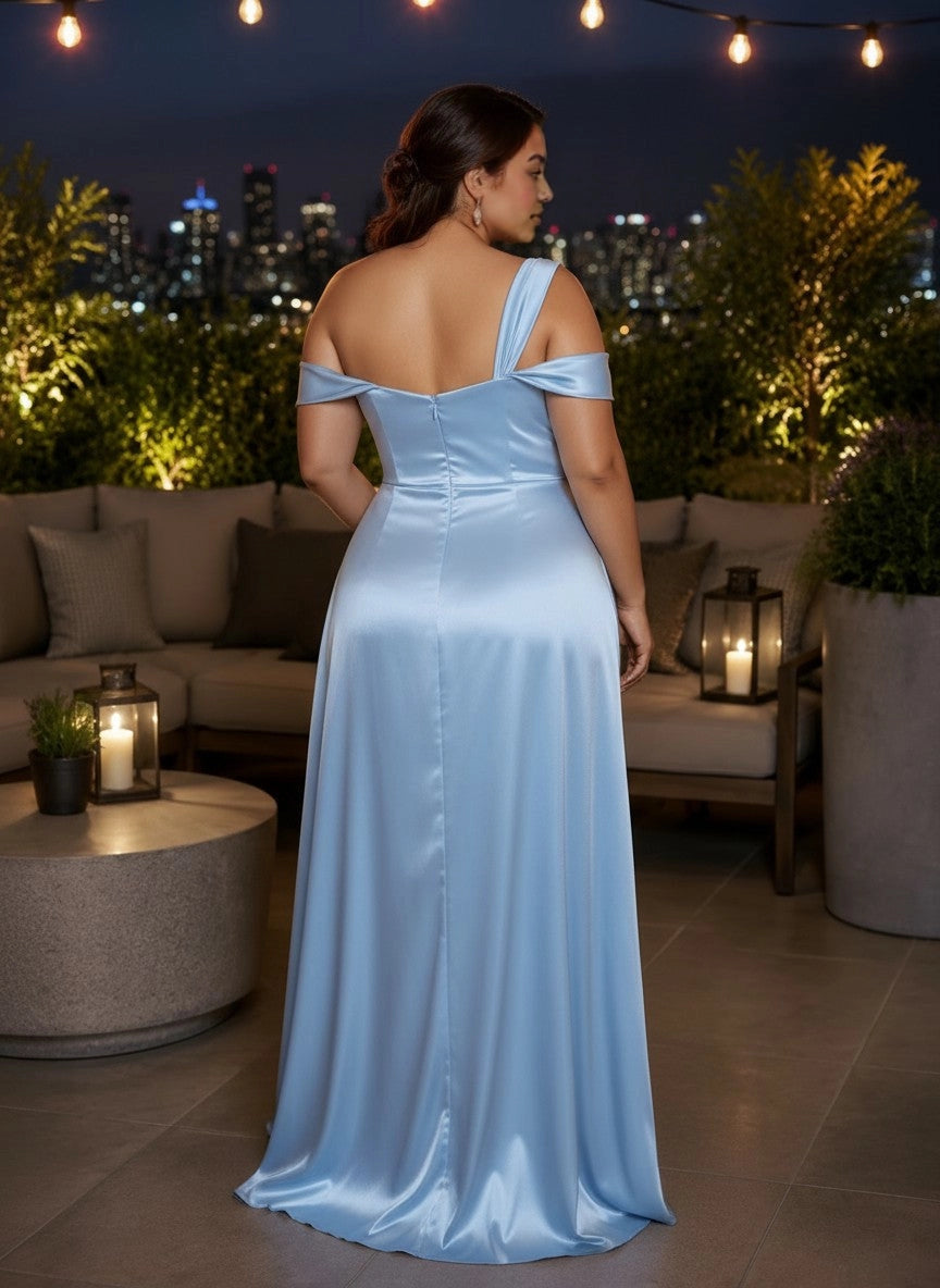 Roselledress glossy satin formal dress plus size open back zipper wedding guest long dress back view