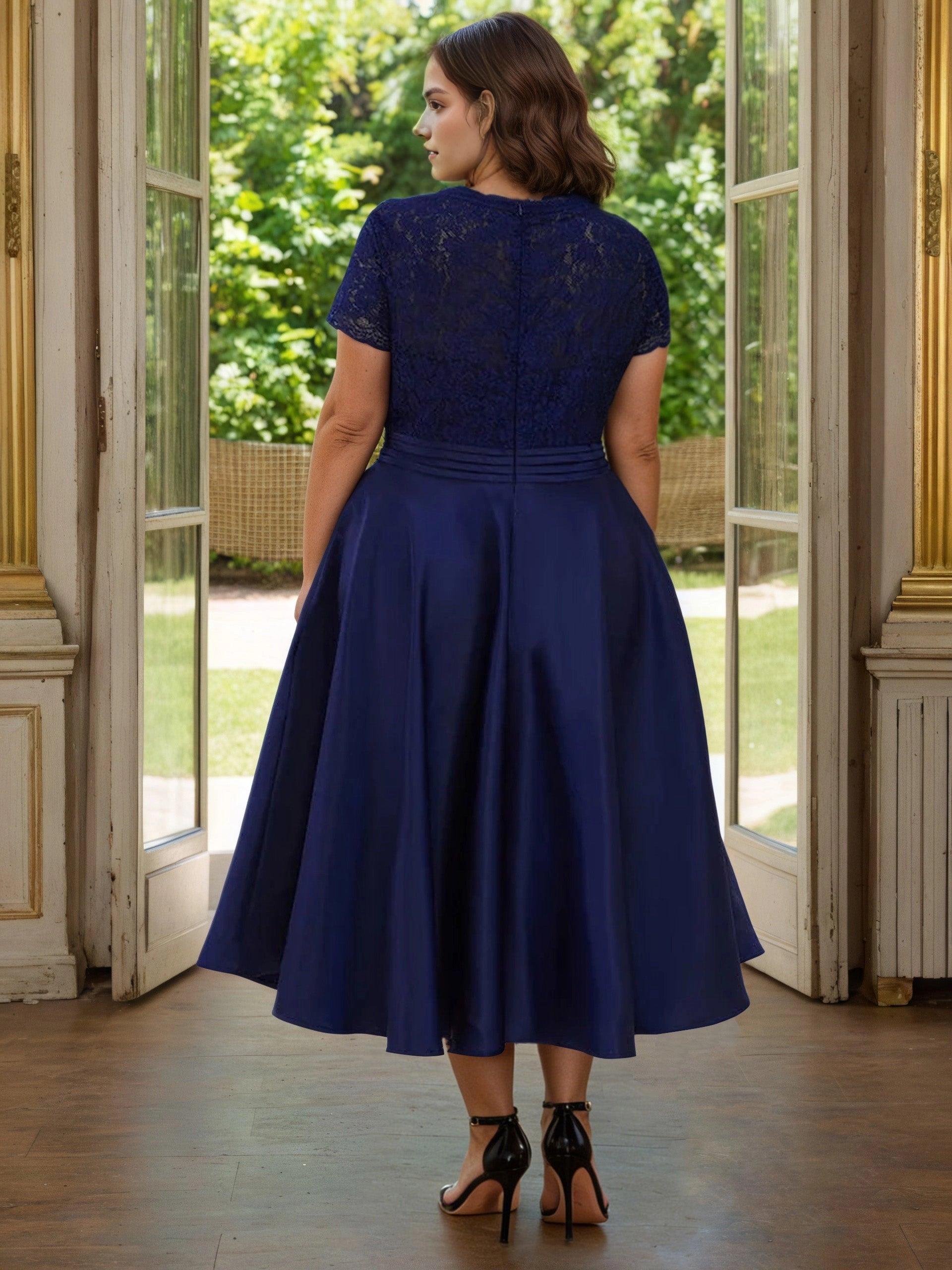 Roselledress plus size lace midi evening dress back view, zipper closure navy blue satin mother of bride gown