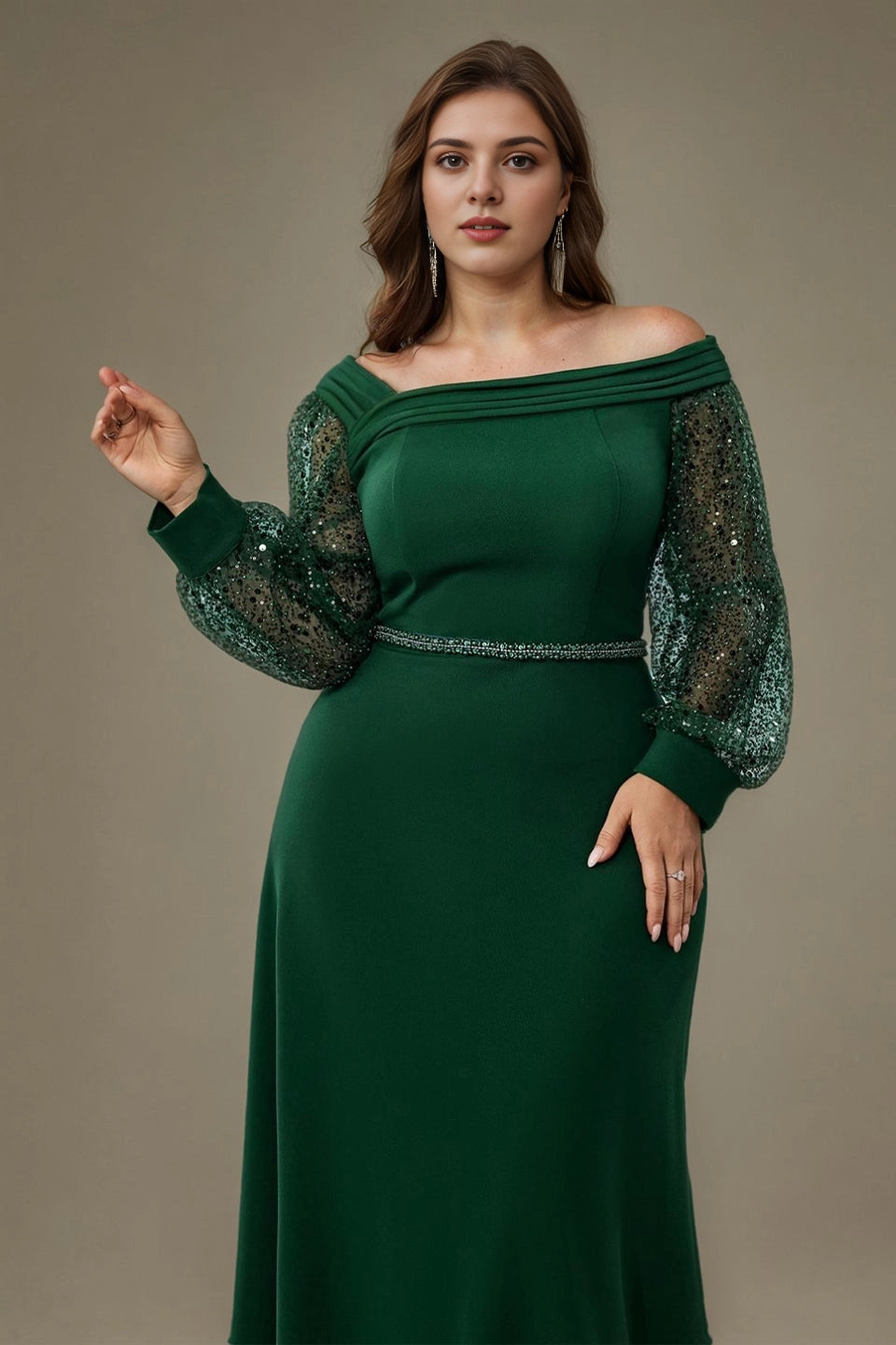 Dark Green Plus Size A‑Line Off‑The‑Shoulder Sequin‑Long‑Sleeve Zip‑Back Long Prom Dress