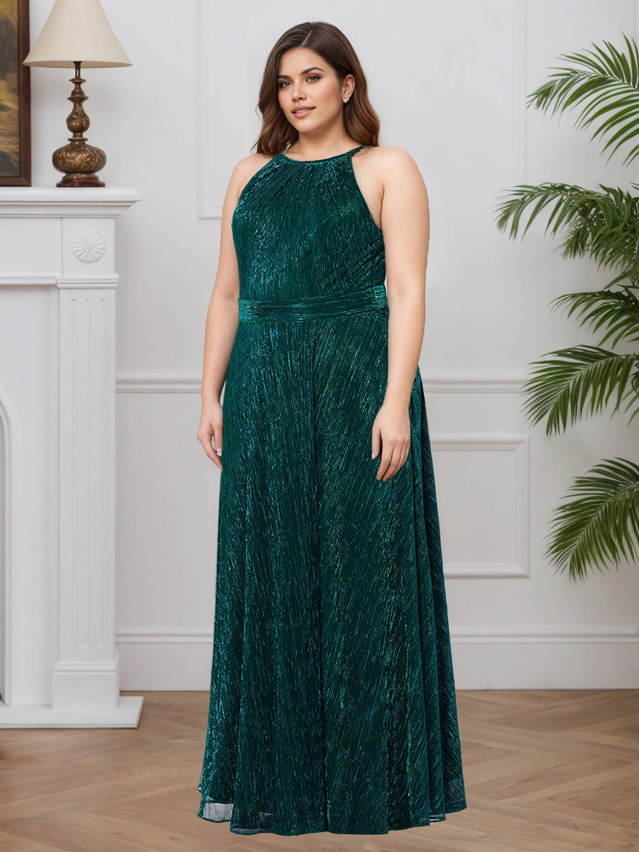 Luxurious A‑Line Halter Sleeveless Keyhole‑Back Floor‑Length Formal Plus Size Mother Of The Bride Dress