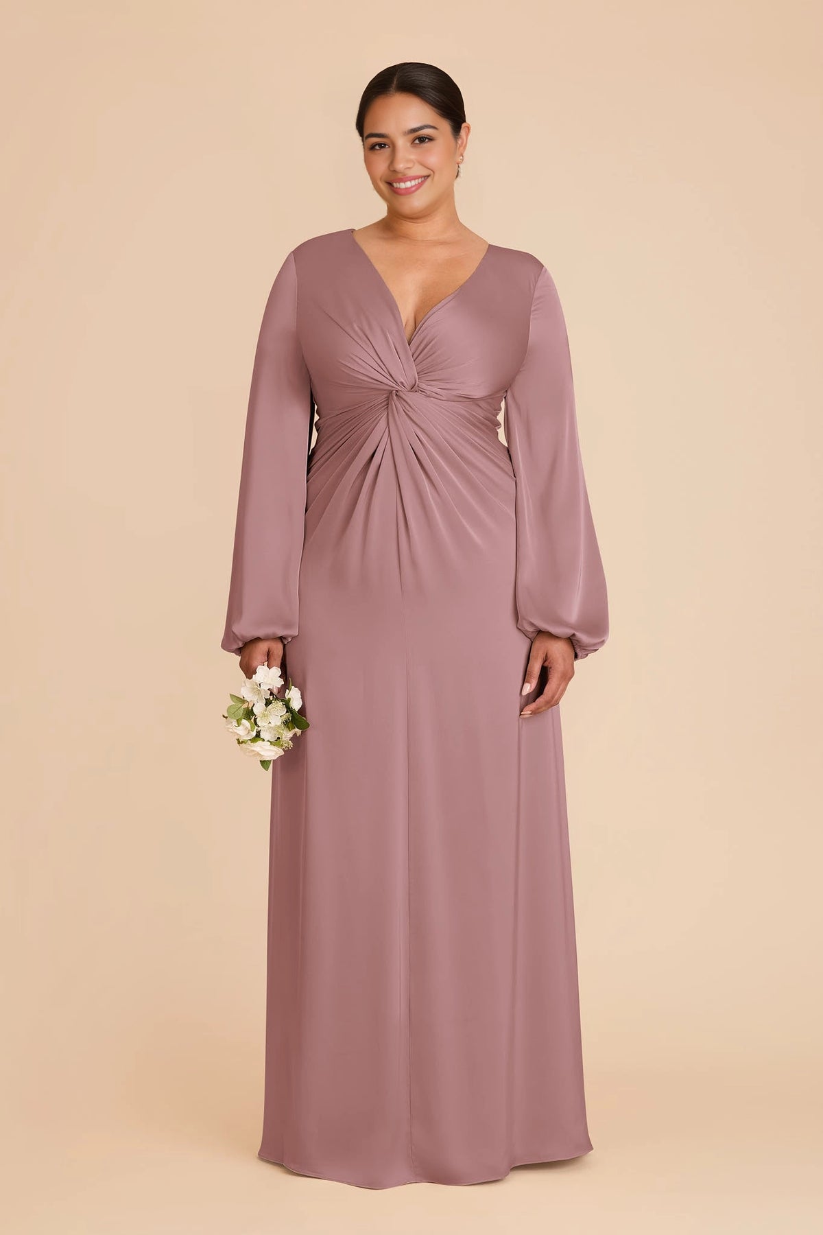 Elegant Plus Size A-Line V-Neck Bishop Sleeve Zipper Back Maxi Bridesmaid Dress