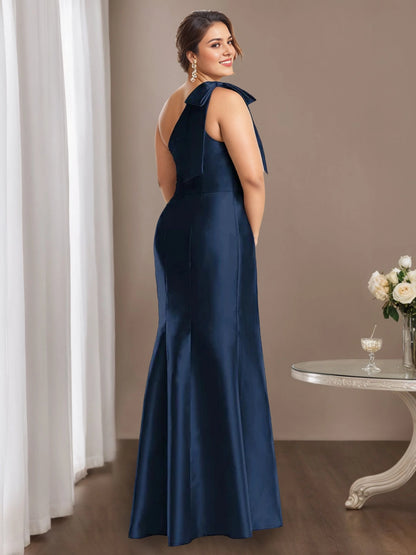 back view roselledress plus size satin mermaid mother dress one shoulder open back matching bow invisible zipper navy blue long formal dress with pockets