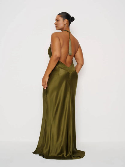 roselledress olive green satin plus size mermaid evening dress halter tie fringe open back high slit elegant formal maxi gown back view