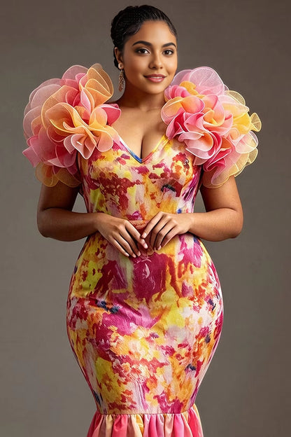 Roselledress Vibrant Mermaid V-Neck Flower Shoulder Back Zipper Printed Organza Plus Size Prom Dress
