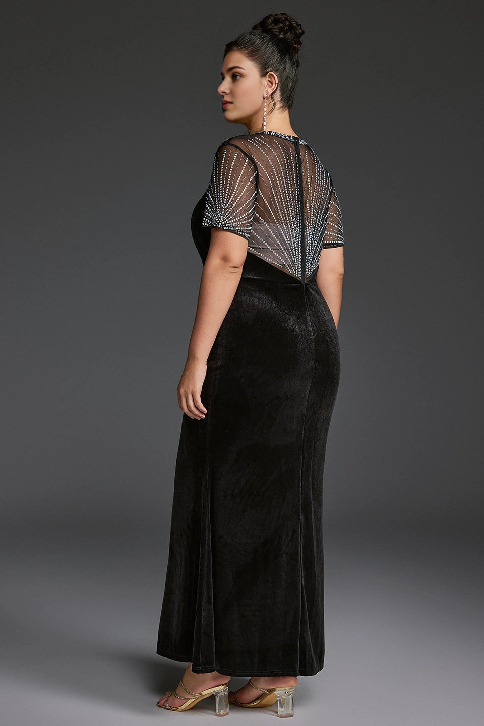 Roselledress plus size evening gown sheer rhinestone mesh zipper back black velvet mermaid formal dress rear view