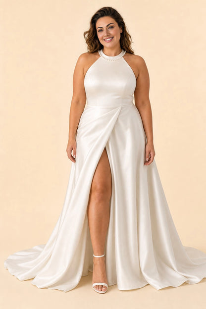 A-Line Halter Pearl Open Bow Back Slit Train Plus Size Wedding Dress