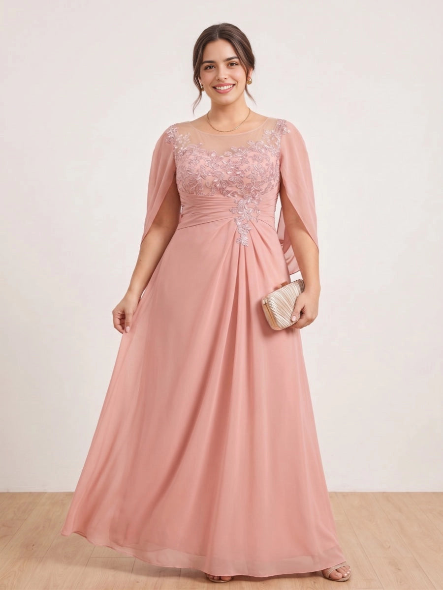 RoselleDress dusty rose plus size mother of the bride dress illusion neck cape sleeve floral lace applique chiffon long formal gown
