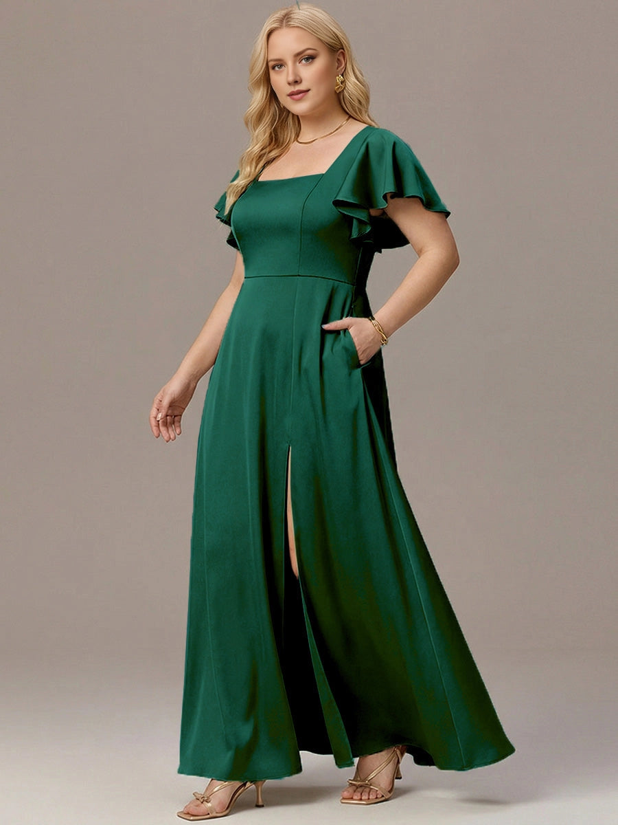 A-Line Square Neck Flutter Sleeve Tie Back Slit Floor Length Plus Size Satin Bridesmaid Dress