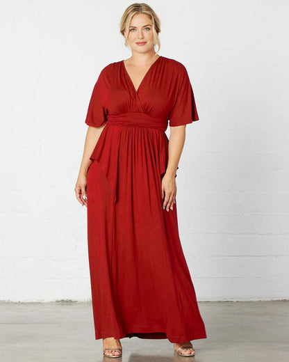 Elegant Plus Size A-Line V-Neck Flutter Sleeve Closed Back Long Mother of the Bride Dress