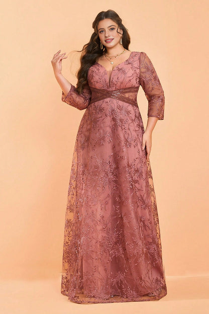 Soft A-Line Square 3/4-Sleeve V-Back Floor-Length Plus Size Mother Of Bride Dress