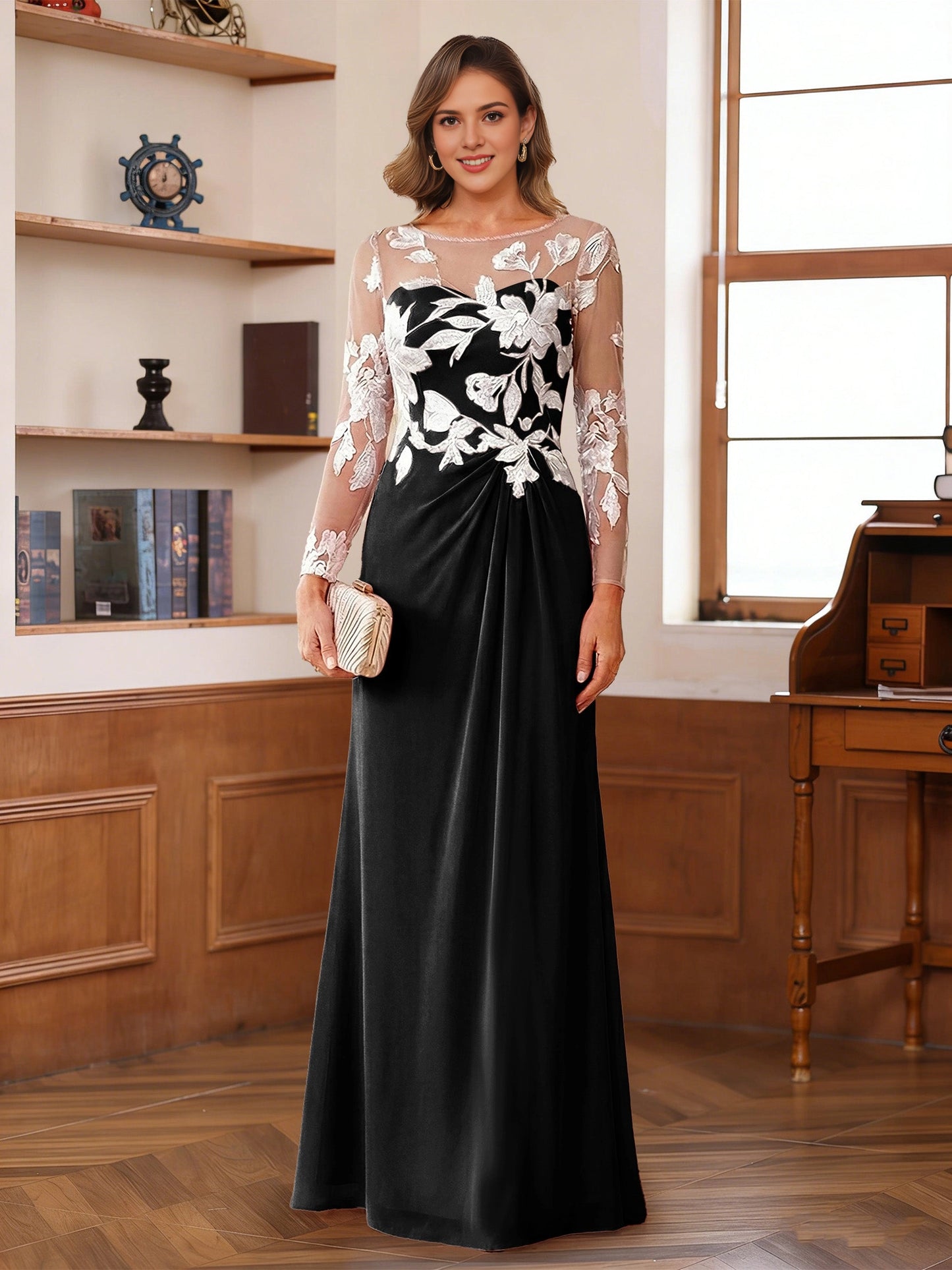Floral A-Line Round-Neck Long-Sleeve Button-Back Floor-Length plus size Mother Of Bride Dress