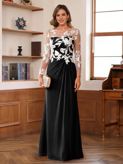 Floral A-Line Round-Neck Long-Sleeve Button-Back Floor-Length plus size Mother Of Bride Dress