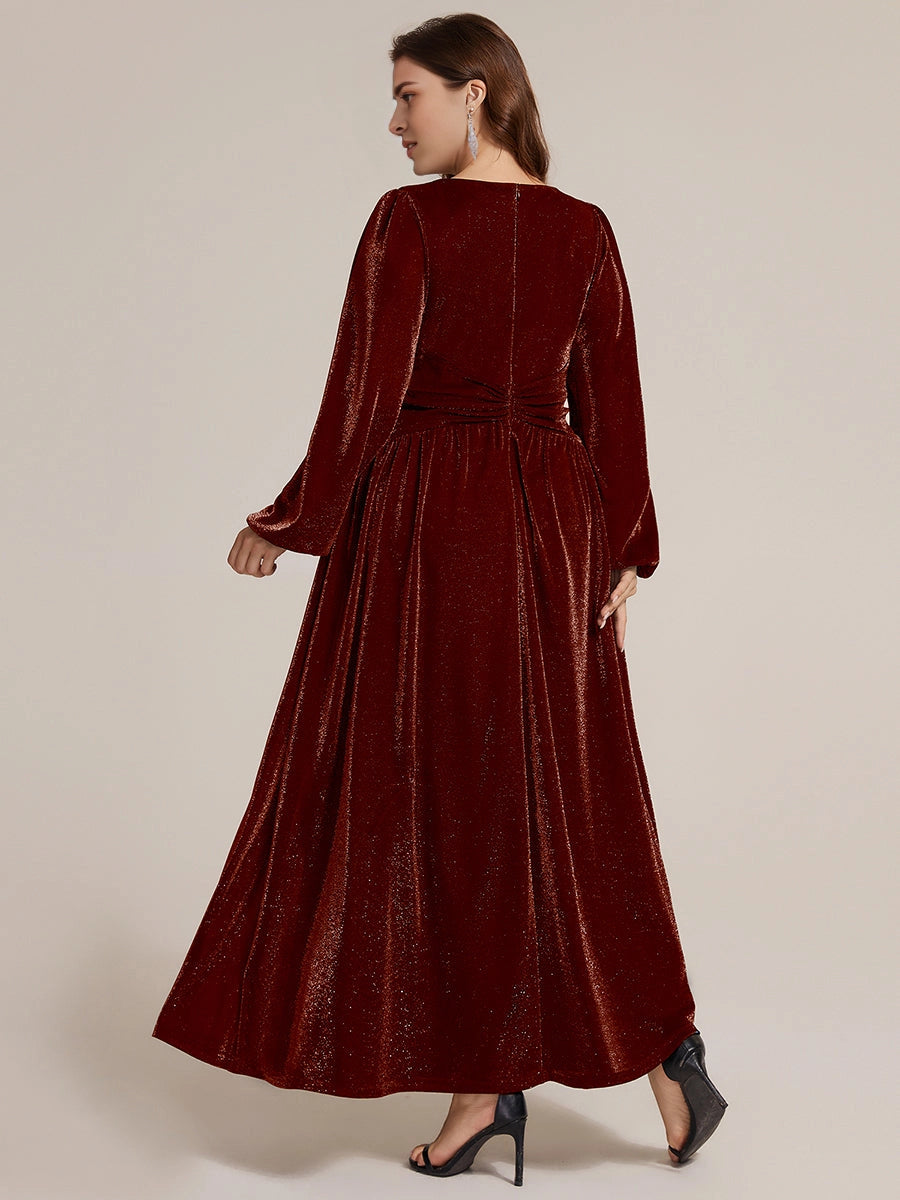 Roselledress Navy Glitter A Line V Neck Long Sleeve Plain Back Maxi Length Plus Size Wedding Guest Dress 