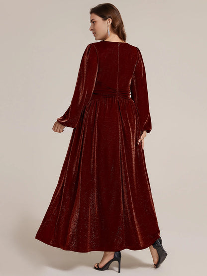 Roselledress Navy Glitter A Line V Neck Long Sleeve Plain Back Maxi Length Plus Size Wedding Guest Dress 