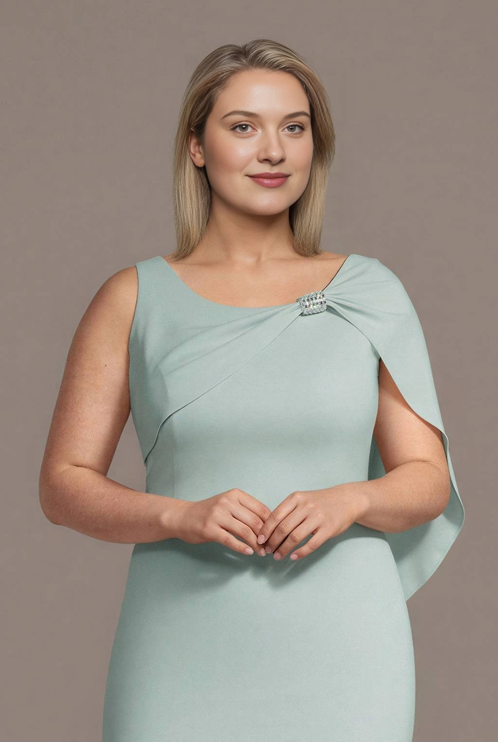 Elegant Sheath Round-Neck Cape-Sleeve V-Back Plus Size Mother of the Bride Dress