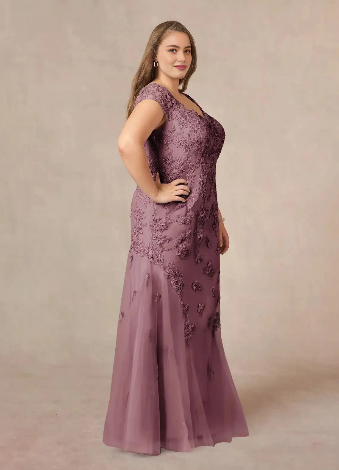 Elegant Mermaid Sweetheart Cap‑Sleeve V‑Back Floor‑Length Plus Size Mother Of The Bride Dress