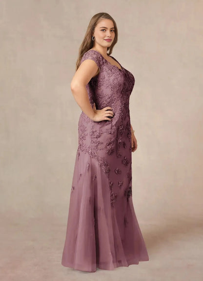 Elegant Mermaid Sweetheart Cap‑Sleeve V‑Back Floor‑Length Plus Size Mother Of The Bride Dress