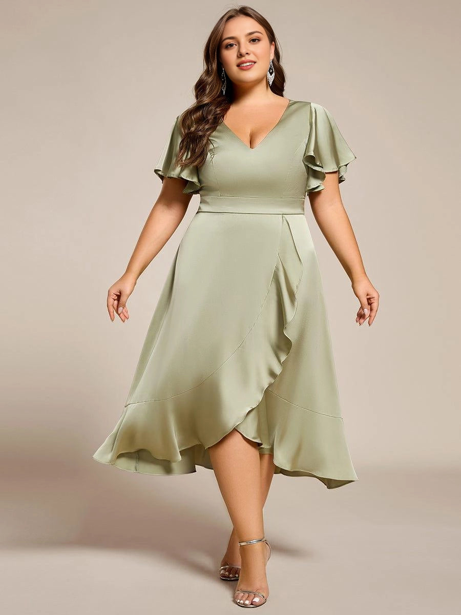 Roselledress sage green satin wrap flutter sleeve ruffle hem plus size midi dress front view