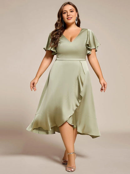 Roselledress sage green satin wrap flutter sleeve ruffle hem plus size midi dress front view